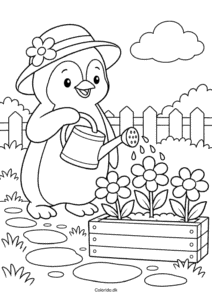 Pingvin vander blomster – tegning til print