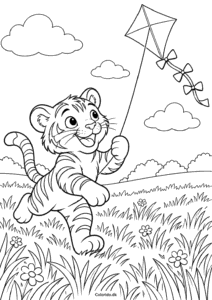 Tiger flyver med drage – tegning til farvelægning