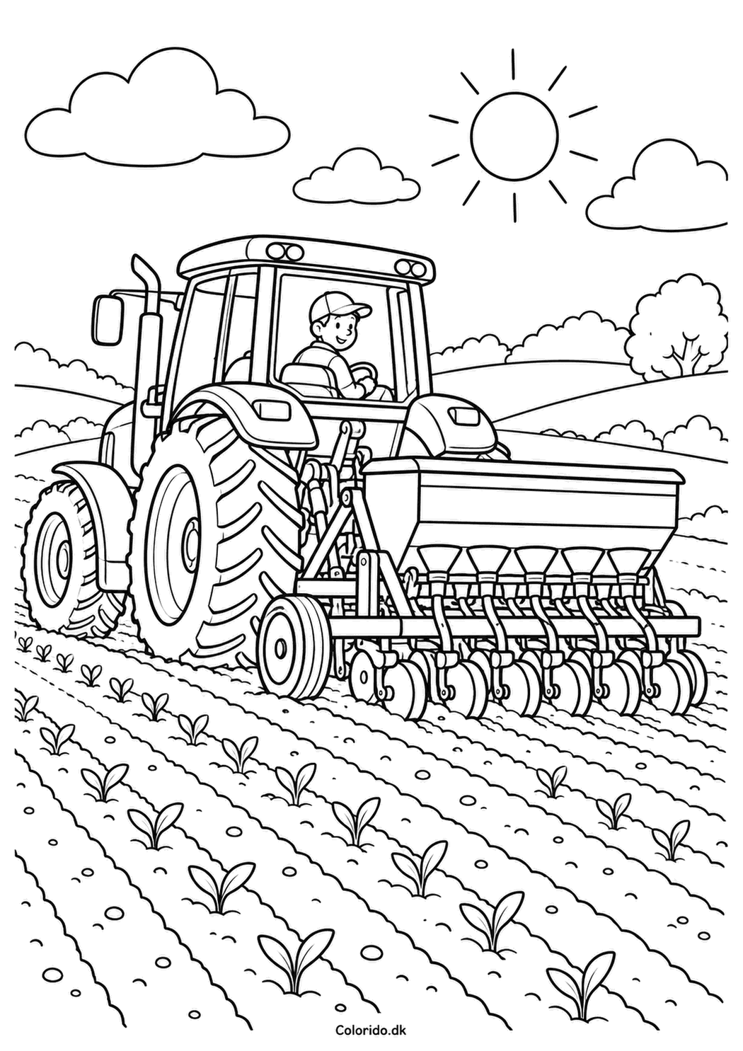 Traktor med såmaskine – tegning til farvelægning
