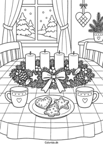 Adventskrans på familiens julebord – tegning til print