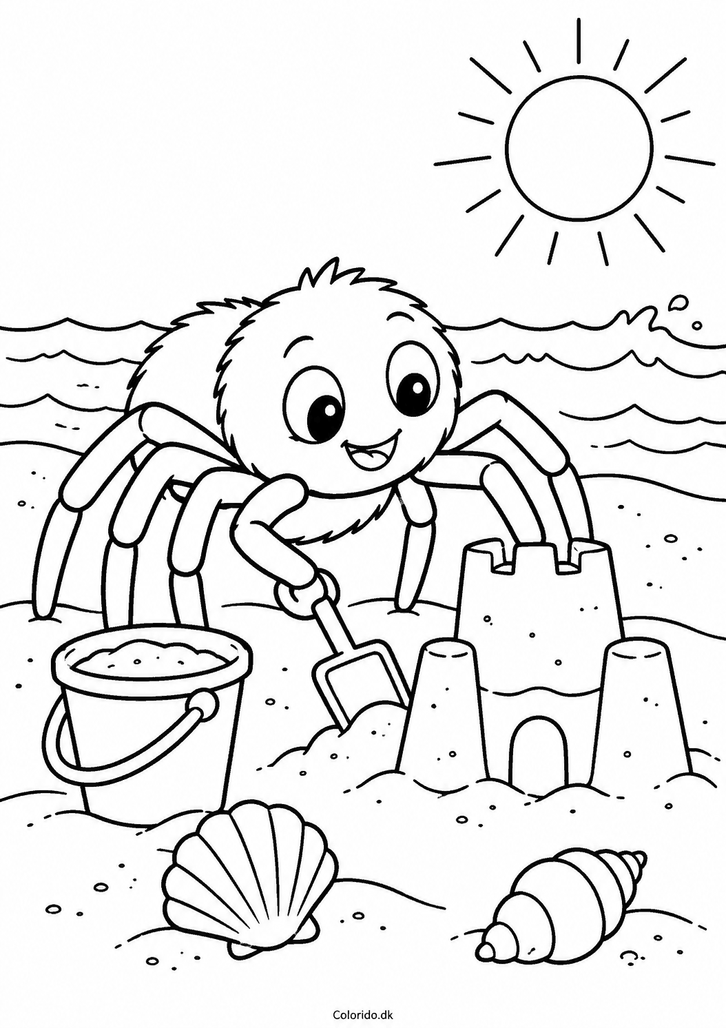 Edderkop på stranden – sommertegning til print