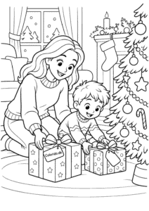 Familien lægger gaver under juletræet til print