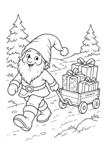 Nisse trækker en vogn med julegaver