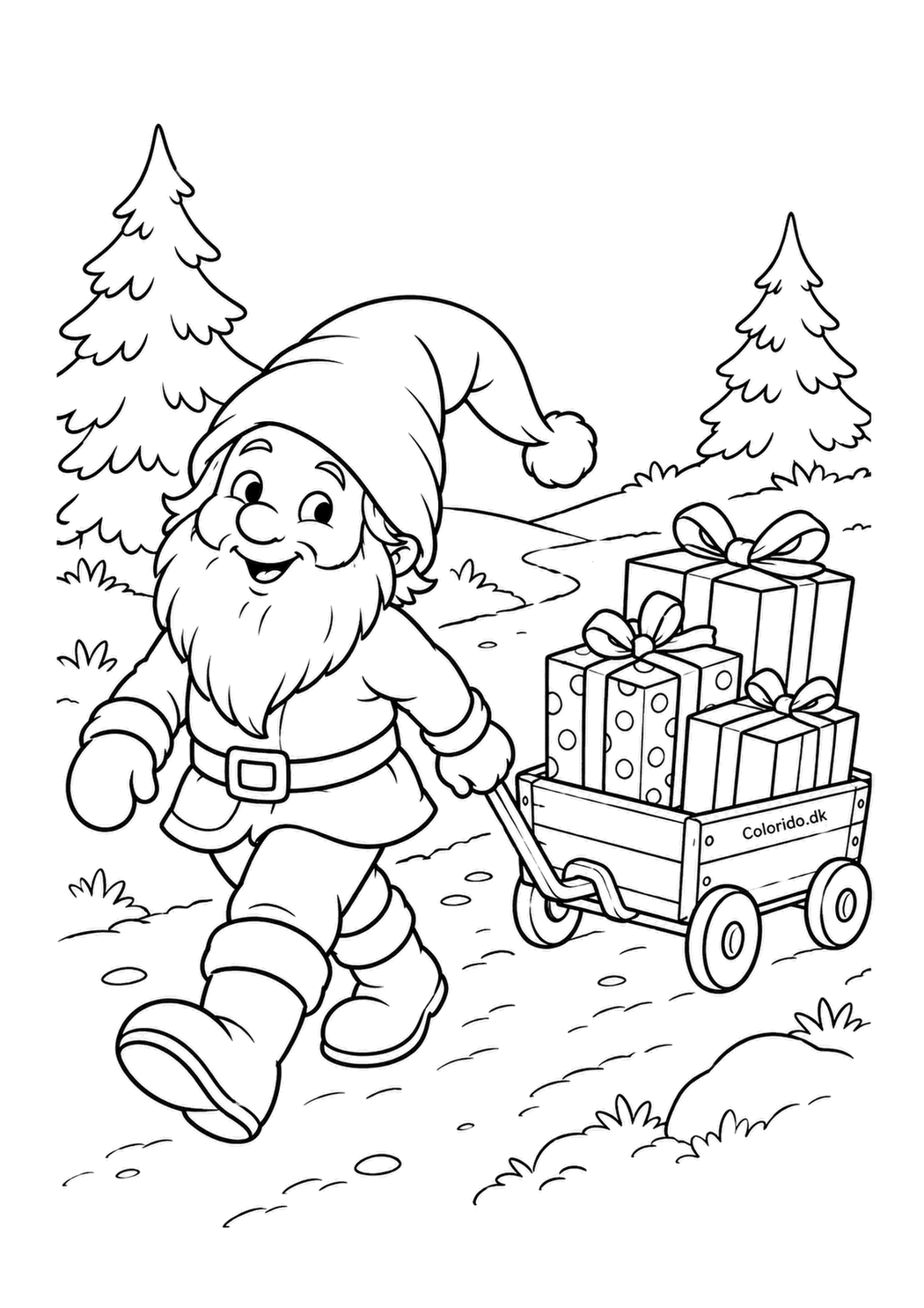 Nisse trækker en vogn med julegaver