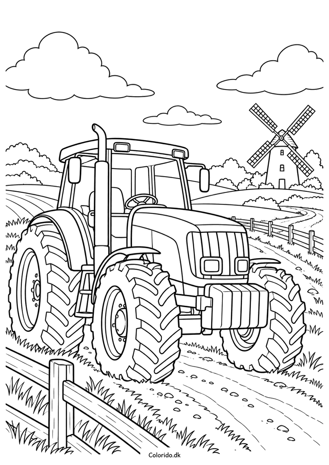 Traktor ved vindmøllen – gratis tegning til print