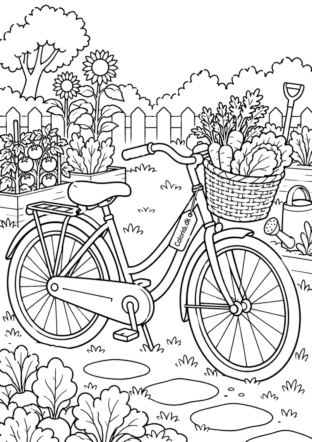 Cykel med grøntsager i kurven – gratis tegning