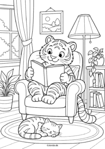 Tiger læser en bog – rolig tegning til print