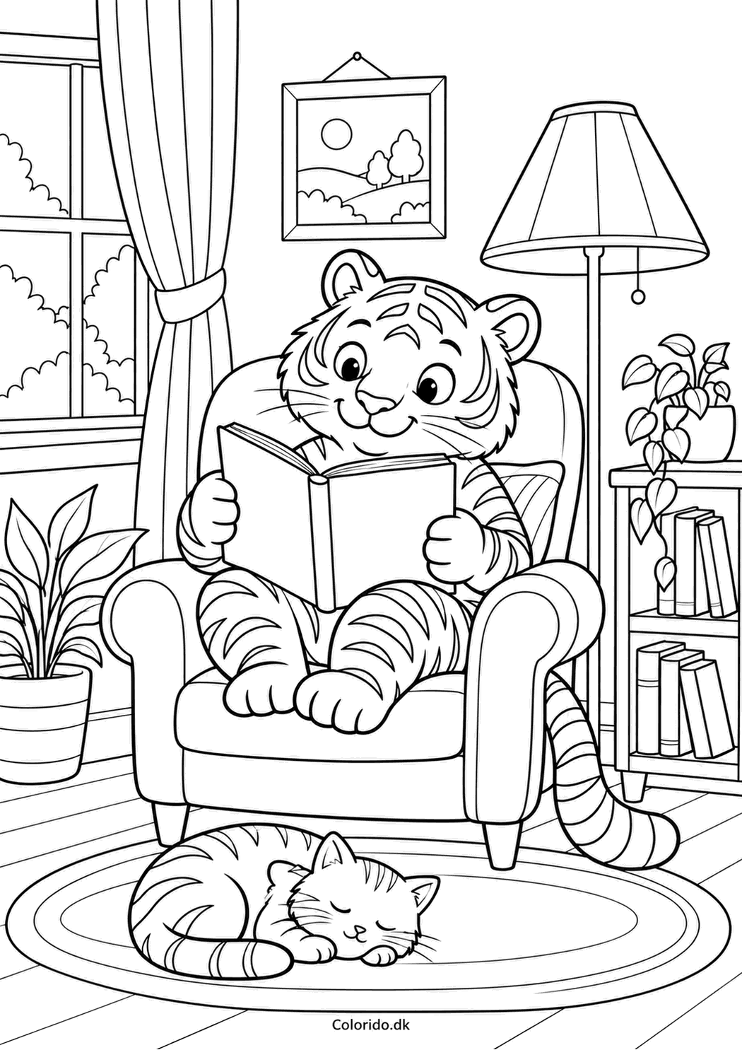 Tiger læser en bog – rolig tegning til print