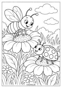 Bi og mariehøne på blomster – tegning til print