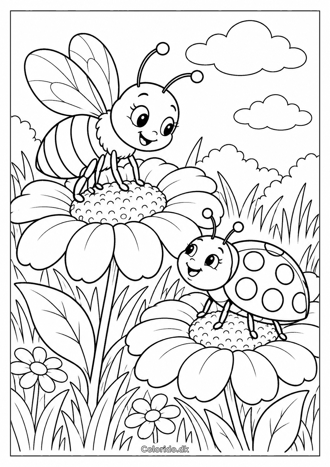 Bi og mariehøne på blomster – tegning til print