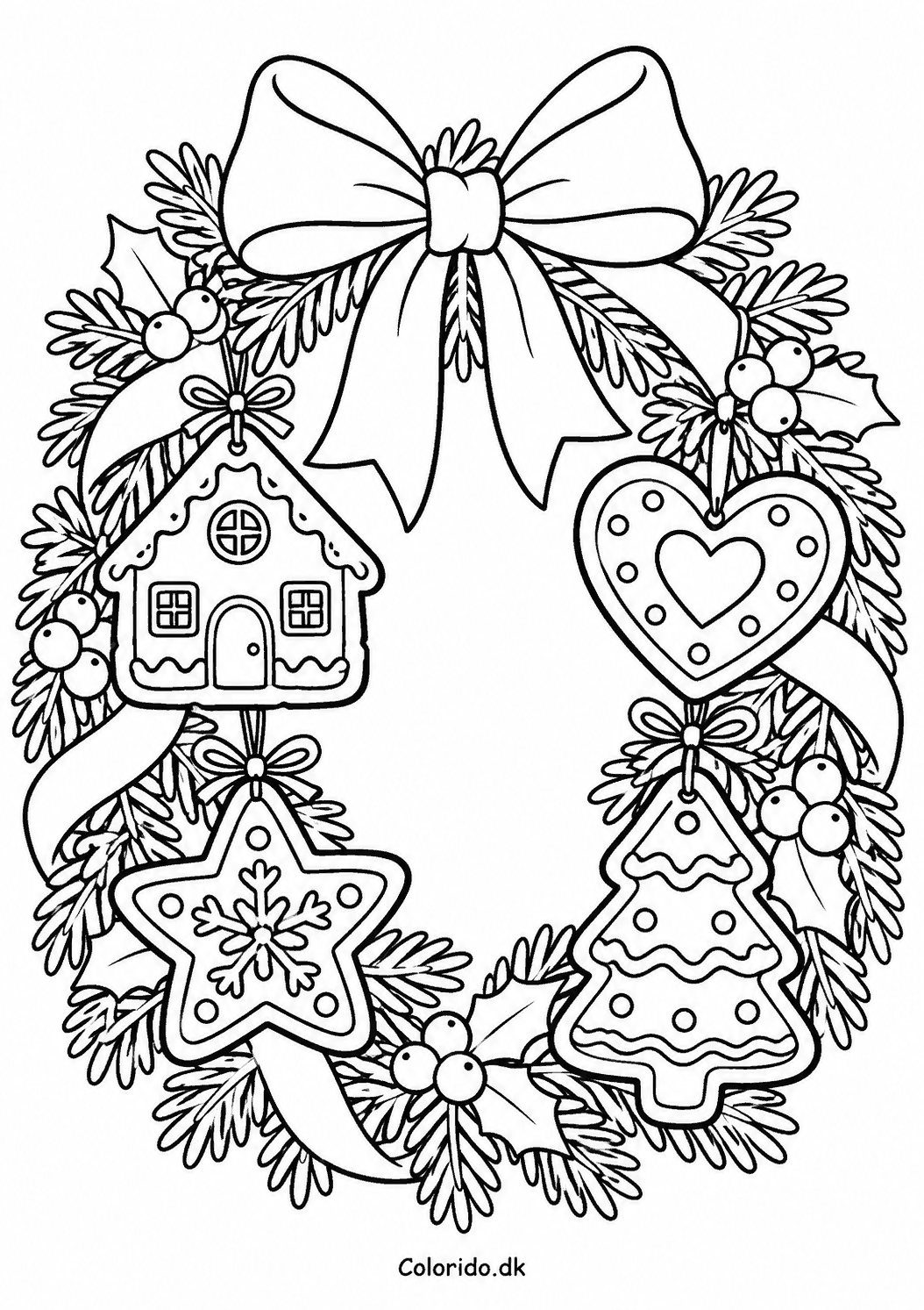 Julekrans med peberkagepynt – tegning til print