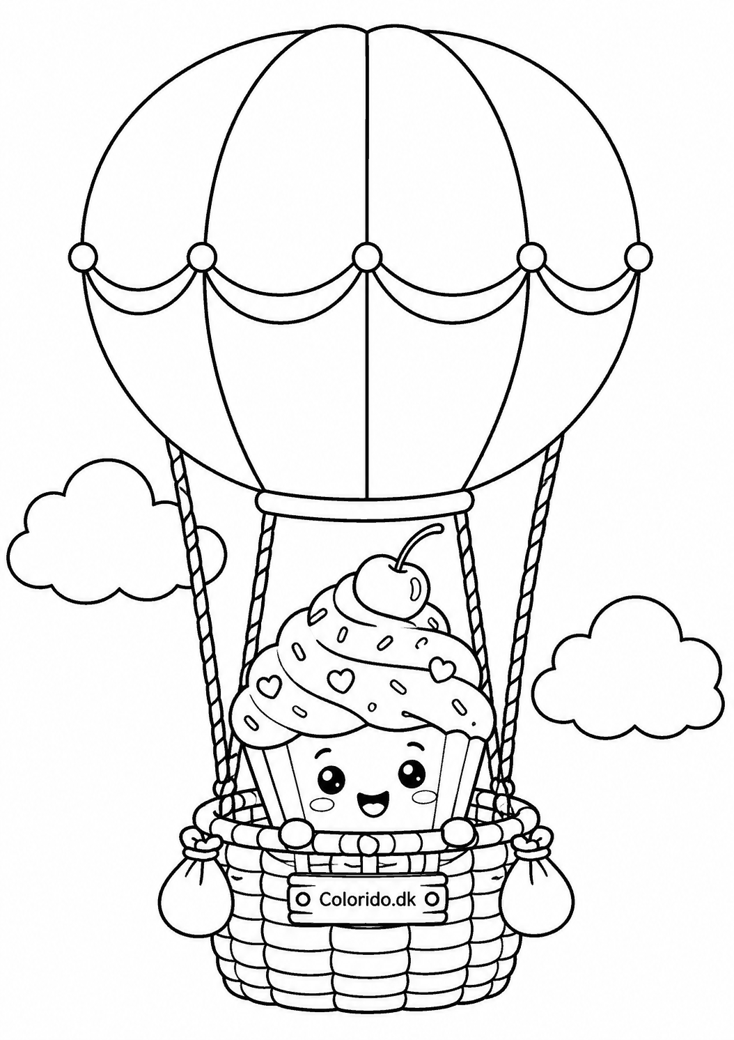Kage i luftballon – eventyrlig tegning til print