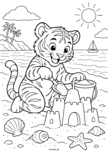 Tiger bygger sandslot – gratis sommertegning