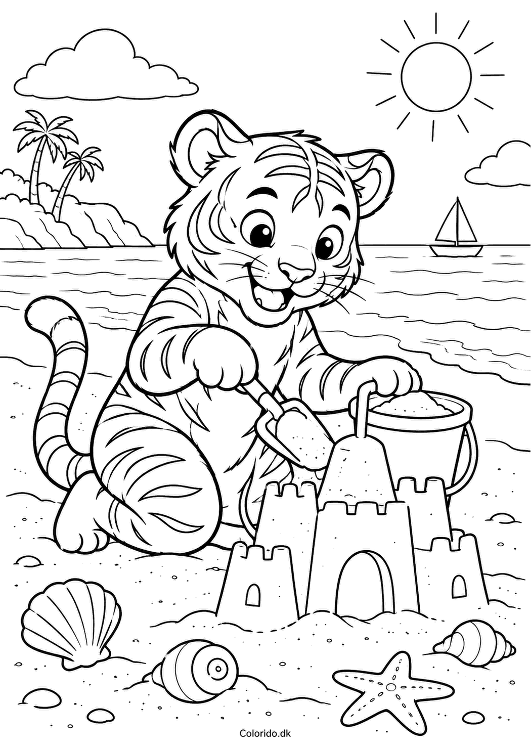 Tiger bygger sandslot – gratis sommertegning