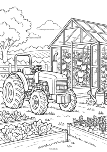 Traktor foran drivhuset – tegning til print