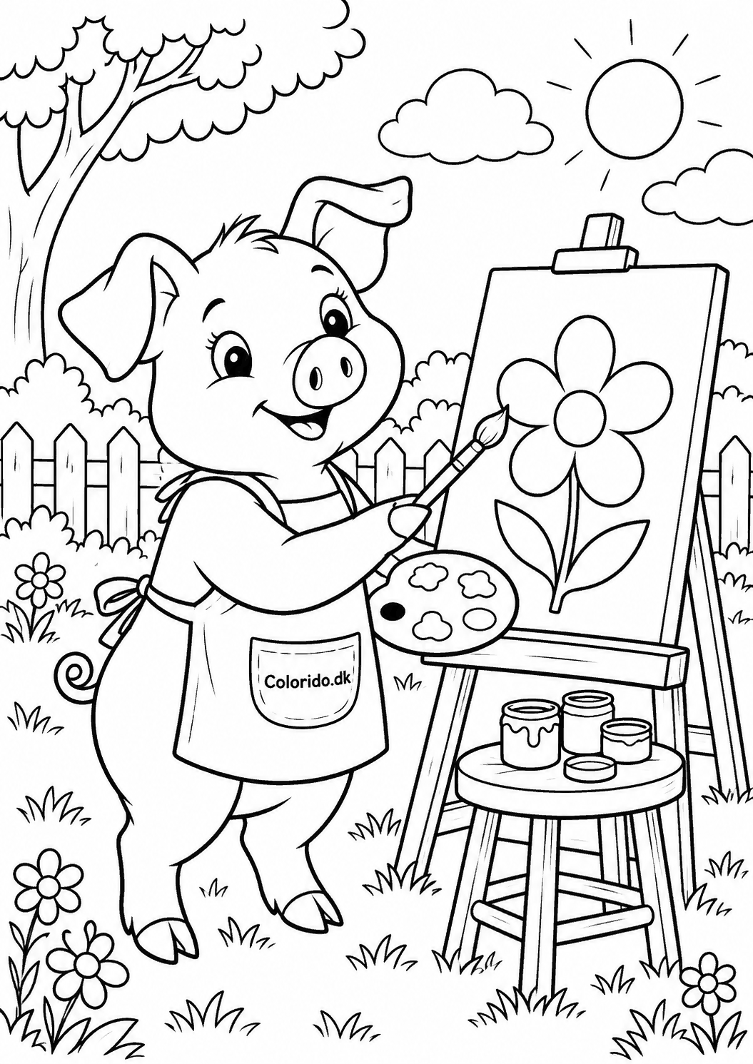 Gris som maler ved staffeliet – kreativ tegning til print