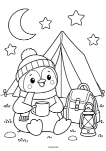 Pingvin på camping – gratis tegning til print
