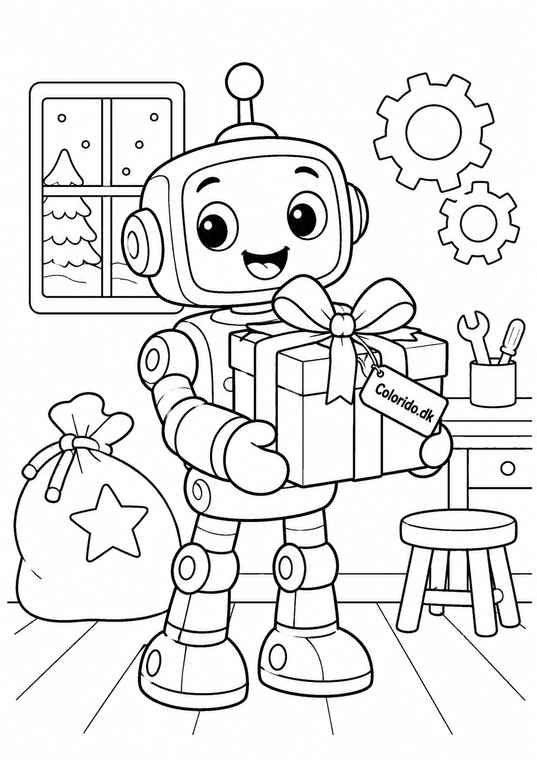 Robot med julegave – gratis tegning til print