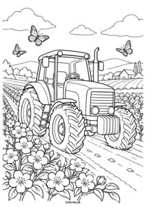 Traktor på blomstrende forårsmark – farvelægning