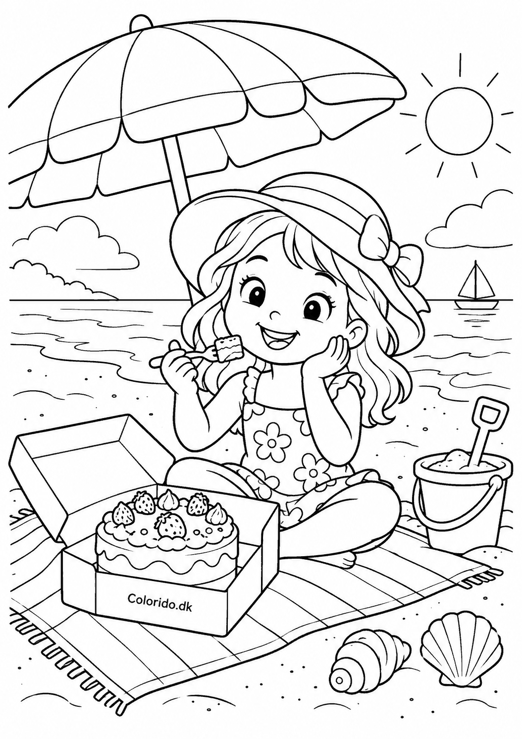 Barn med kage på stranden – sommertegning til print