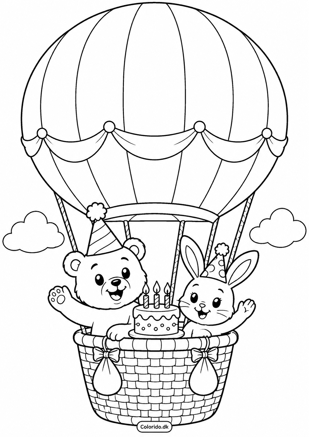 Fødselsdag i luftballon – eventyrlig tegning til print