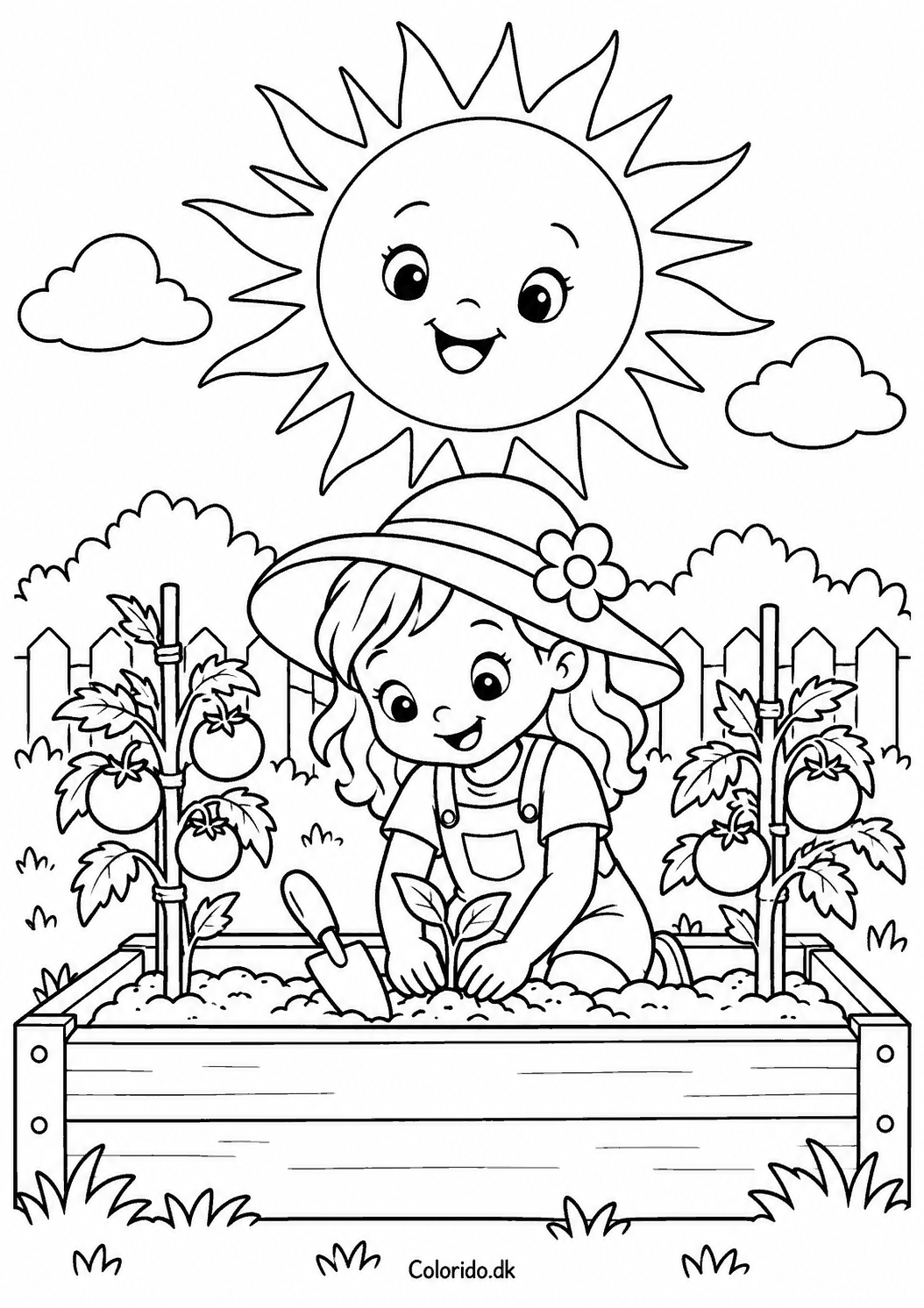 Sol og havearbejde – sommertegning til farvelægning