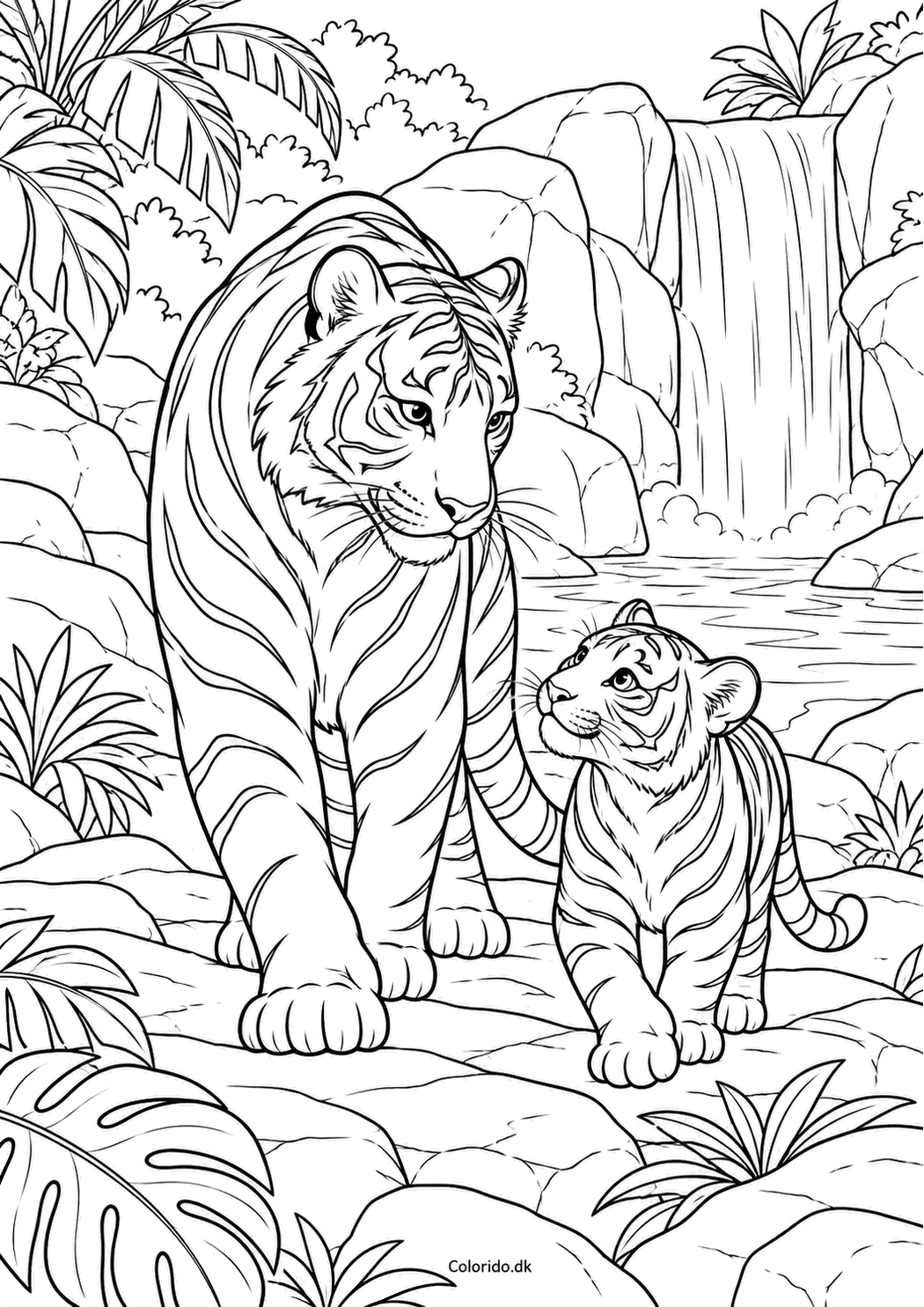 Tiger og tigerunge ved vandfald – tegning til print
