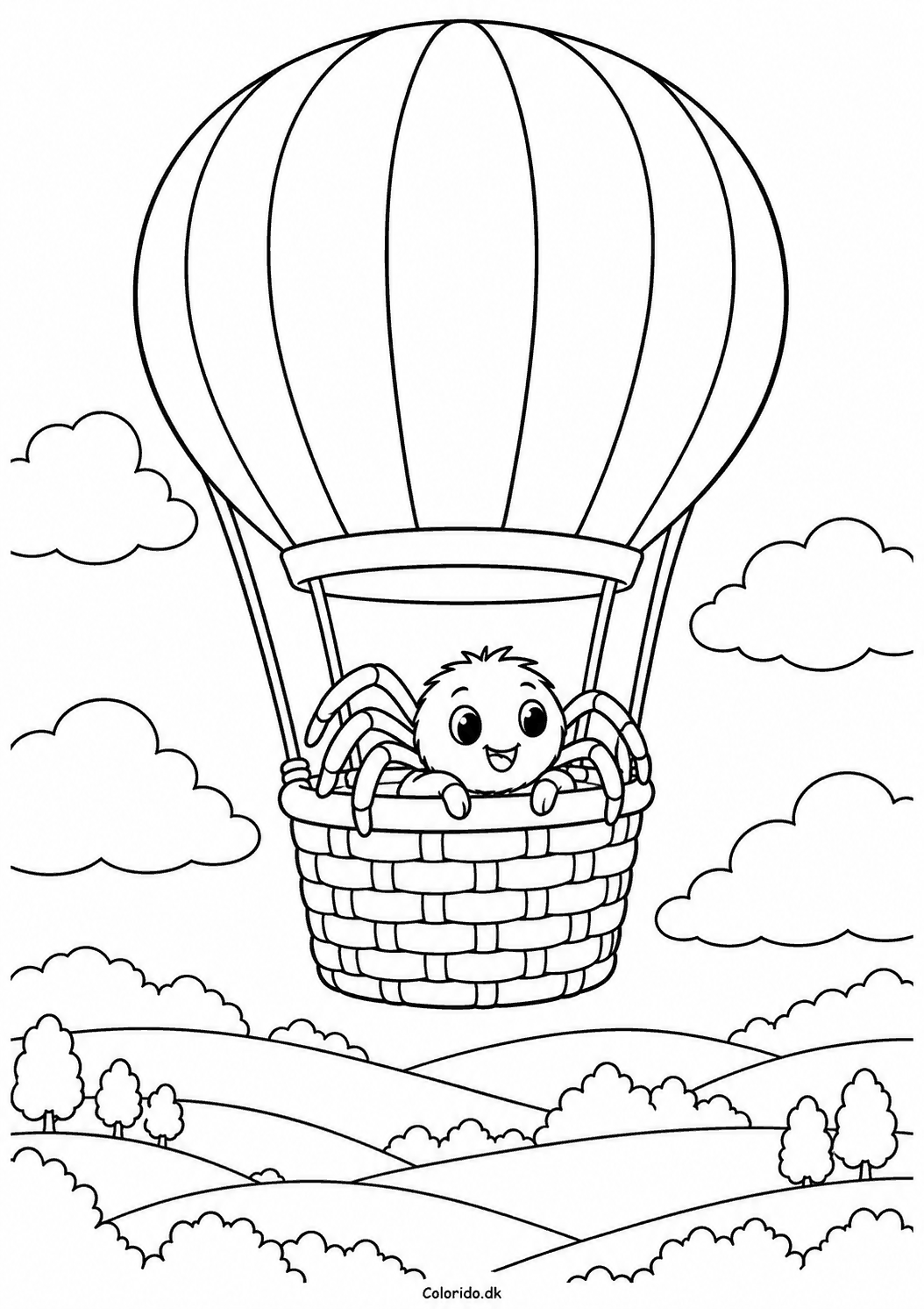 Edderkop i luftballon – eventyrtegning til print
