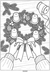Hænder binder en adventskrans – kreativ juletegning
