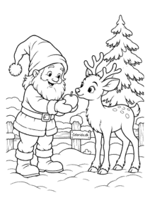 Nisse giver rensdyret et æble – juletegning