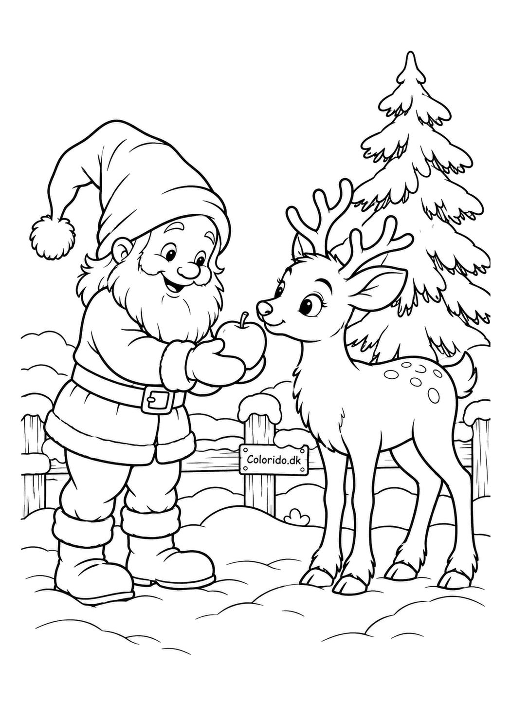 Nisse giver rensdyret et æble – juletegning