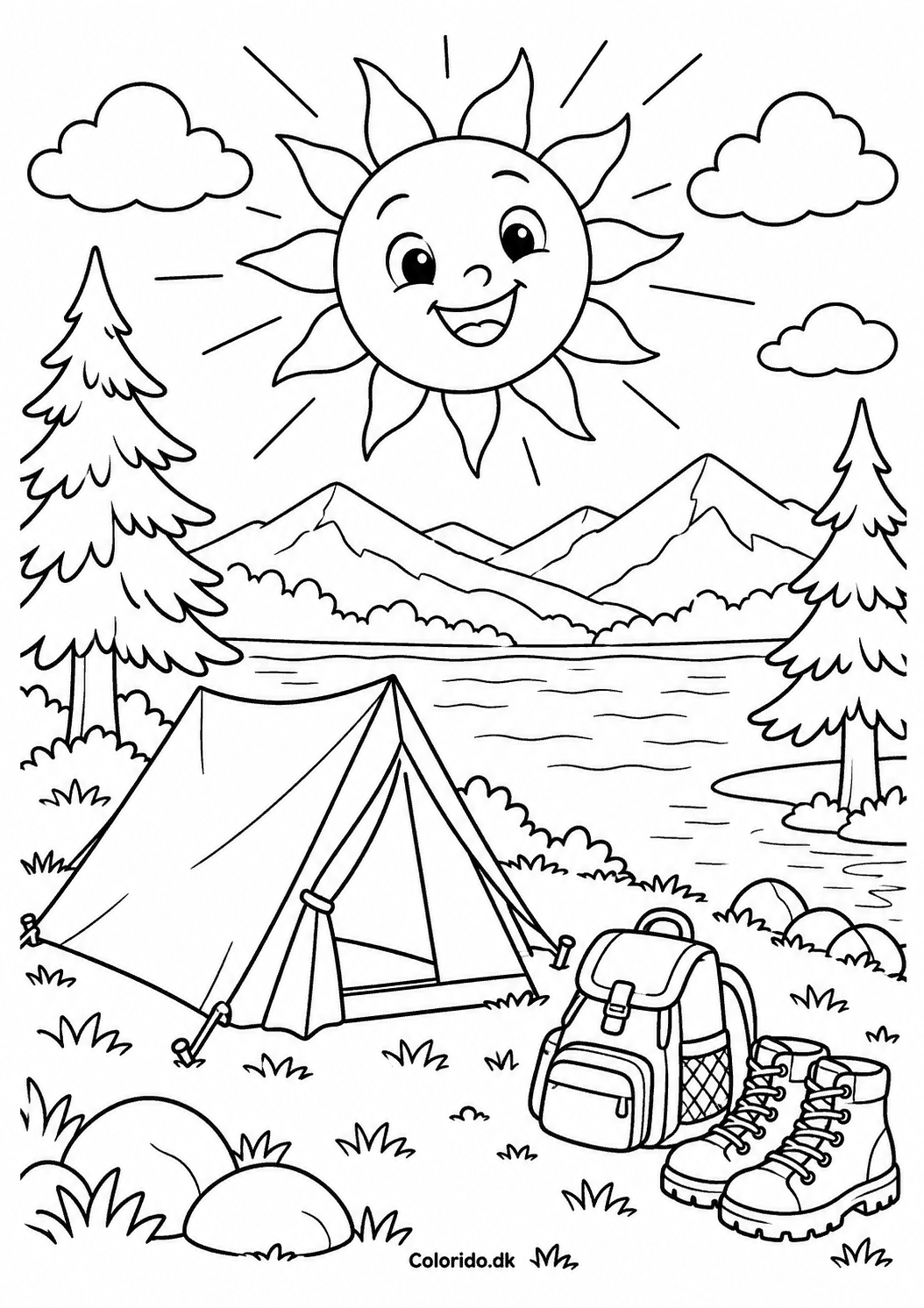 Sol over campingpladsen – tegning til børn