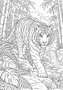 Tiger i bambusskov – detaljeret tegning til print