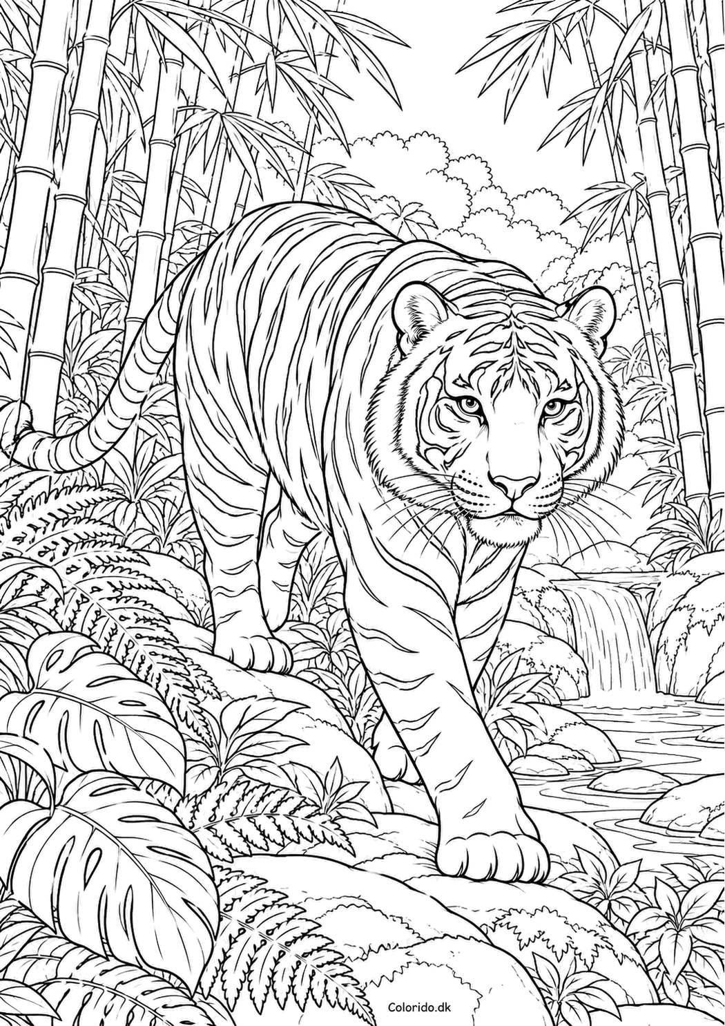 Tiger i bambusskov – detaljeret tegning til print