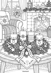 Adventskrans i en hyggelig julestue – tegning til print