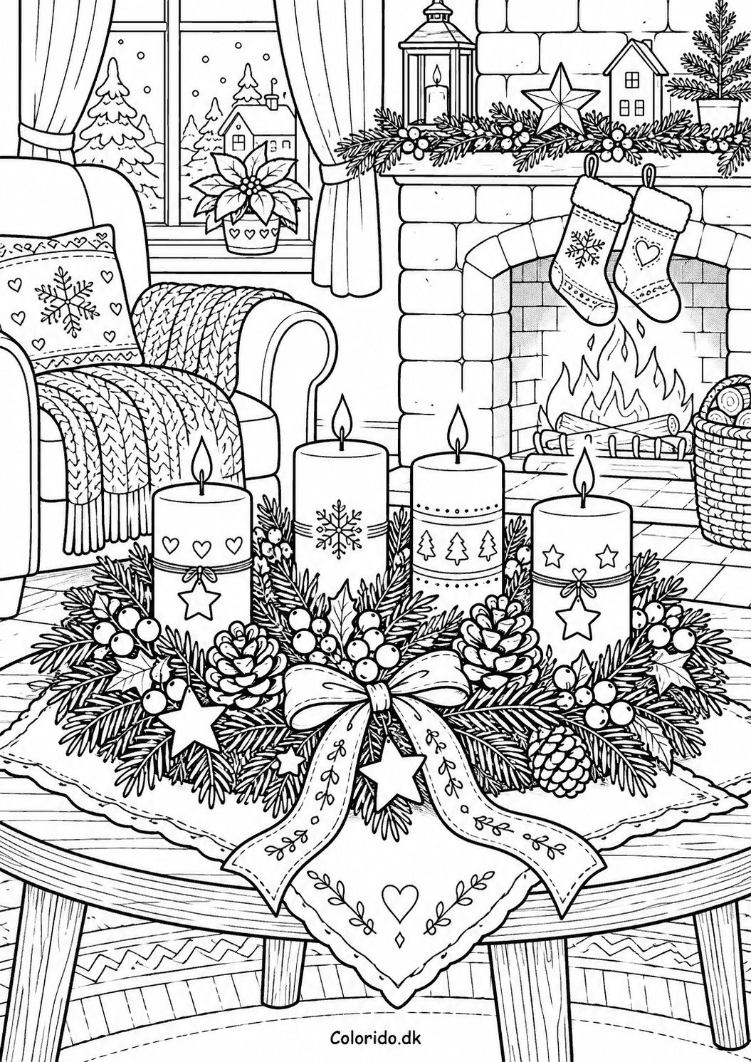 Adventskrans i en hyggelig julestue – tegning til print