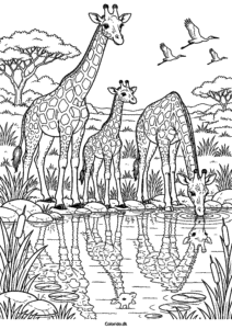 Giraffamilie ved vandhul – gratis farvelægning