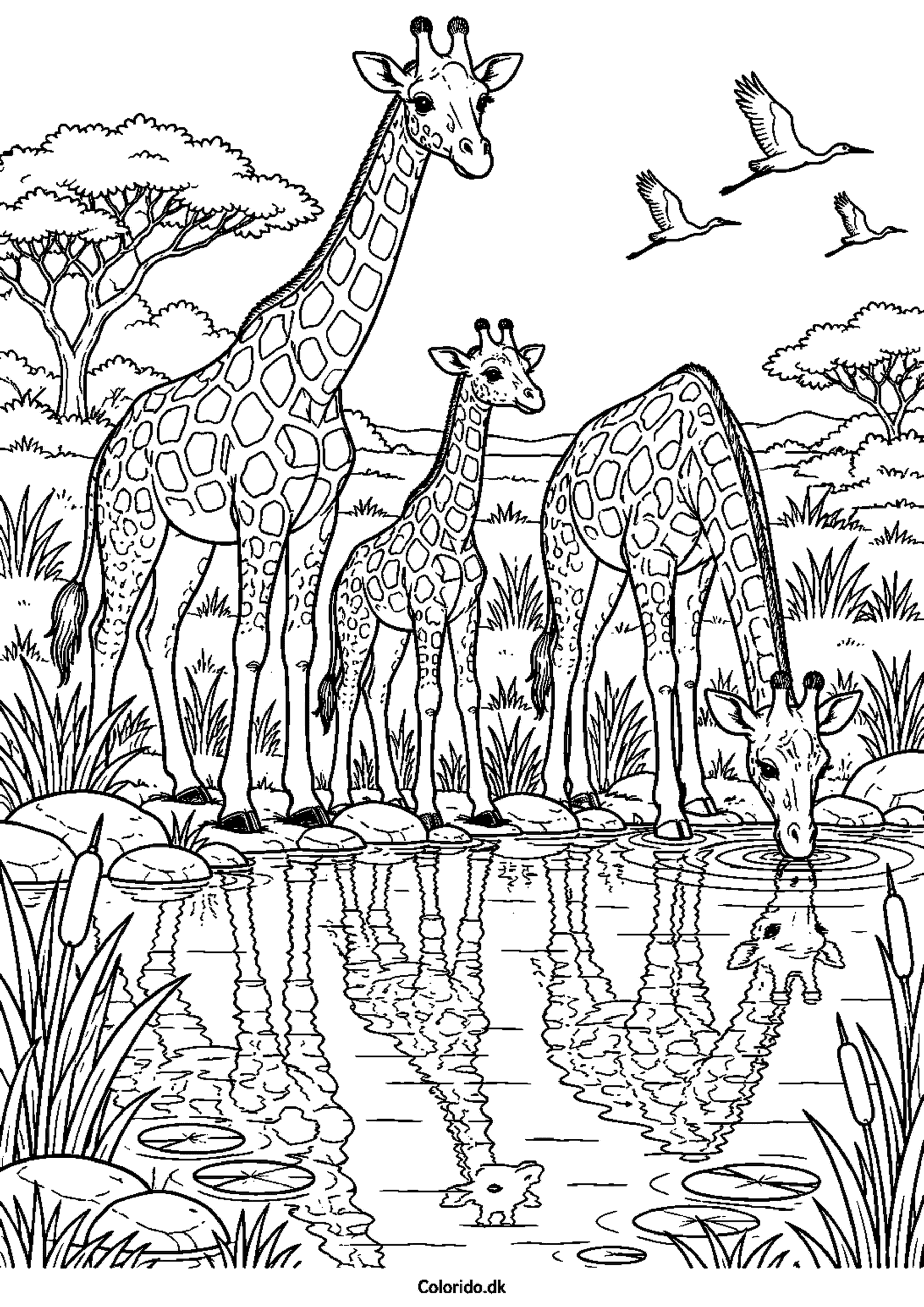 Giraffamilie ved vandhul – gratis farvelægning