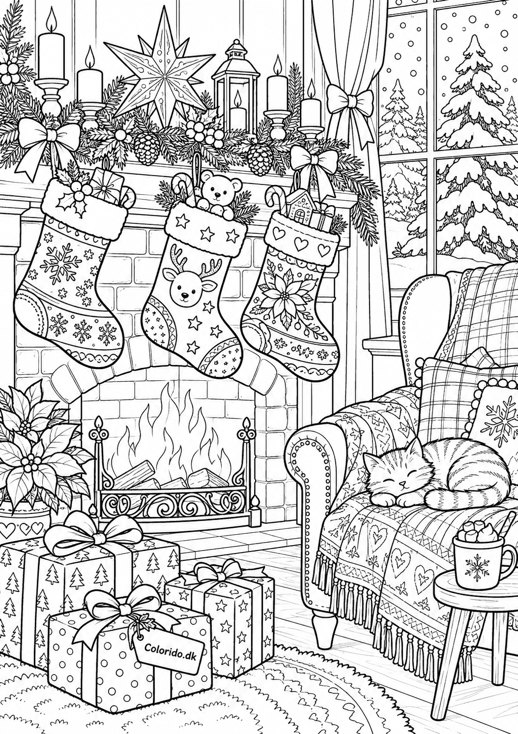 Julesokke i hyggelig julestue – detaljeret tegning