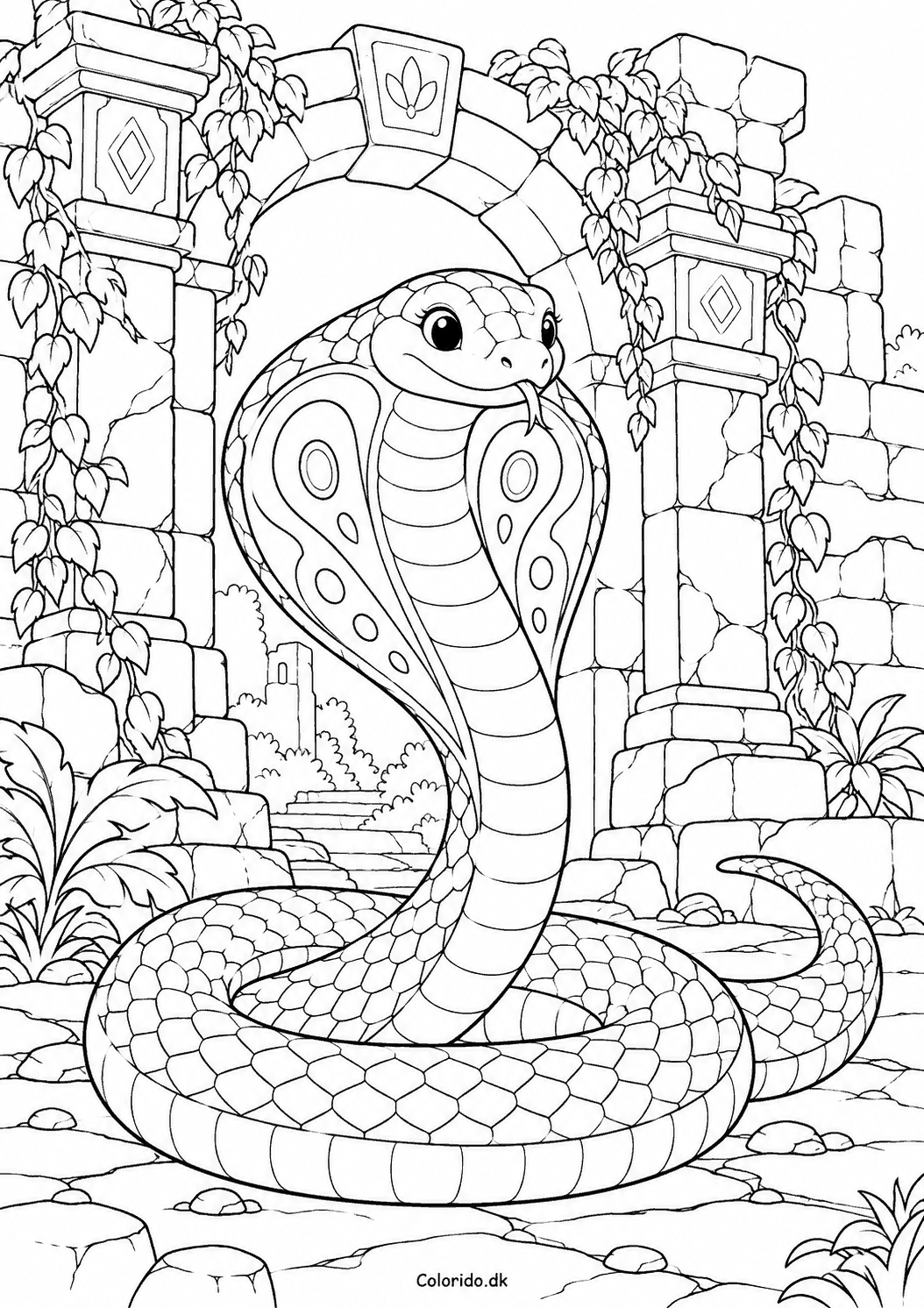 Venlig kobra ved et tempel – gratis tegning til print