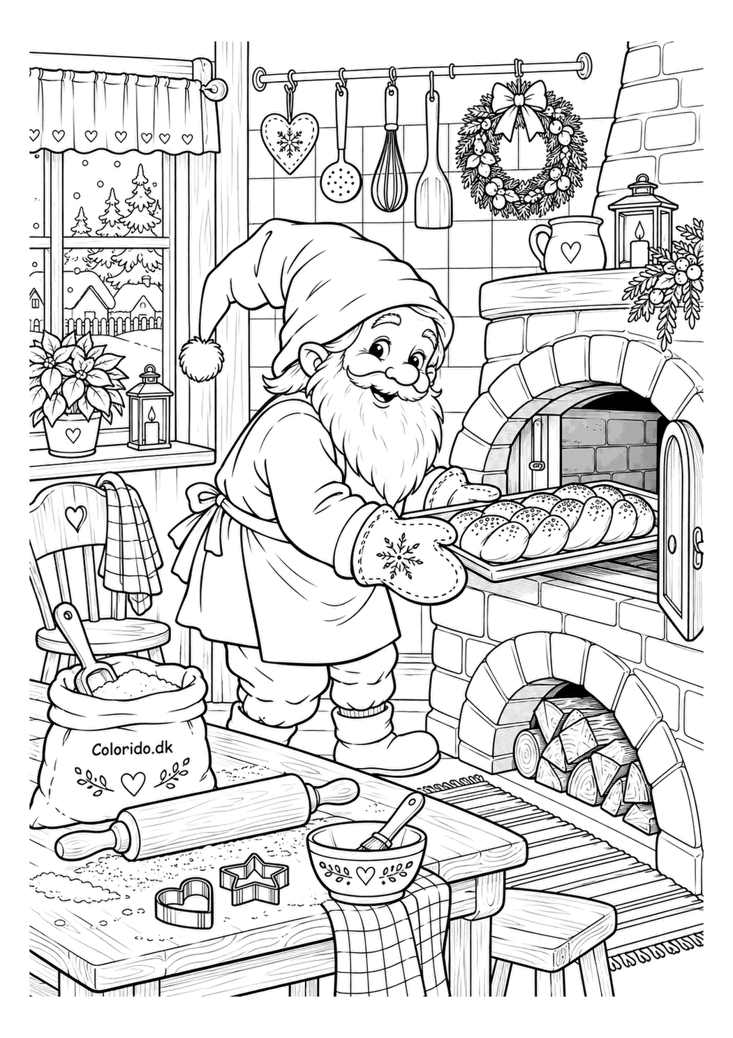 Nisse bager julebrød i køkkenet til farvelægning