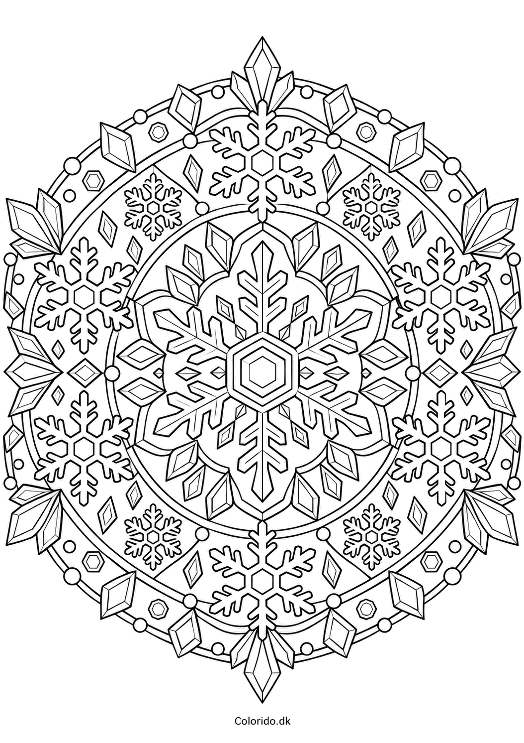 Snefnugmandala med krystaller – gratis farvelægning