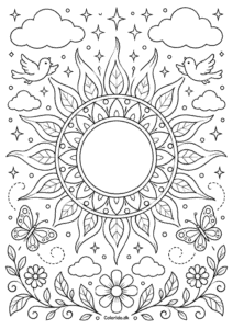 Solmandala med blade og blomster til farvelægning