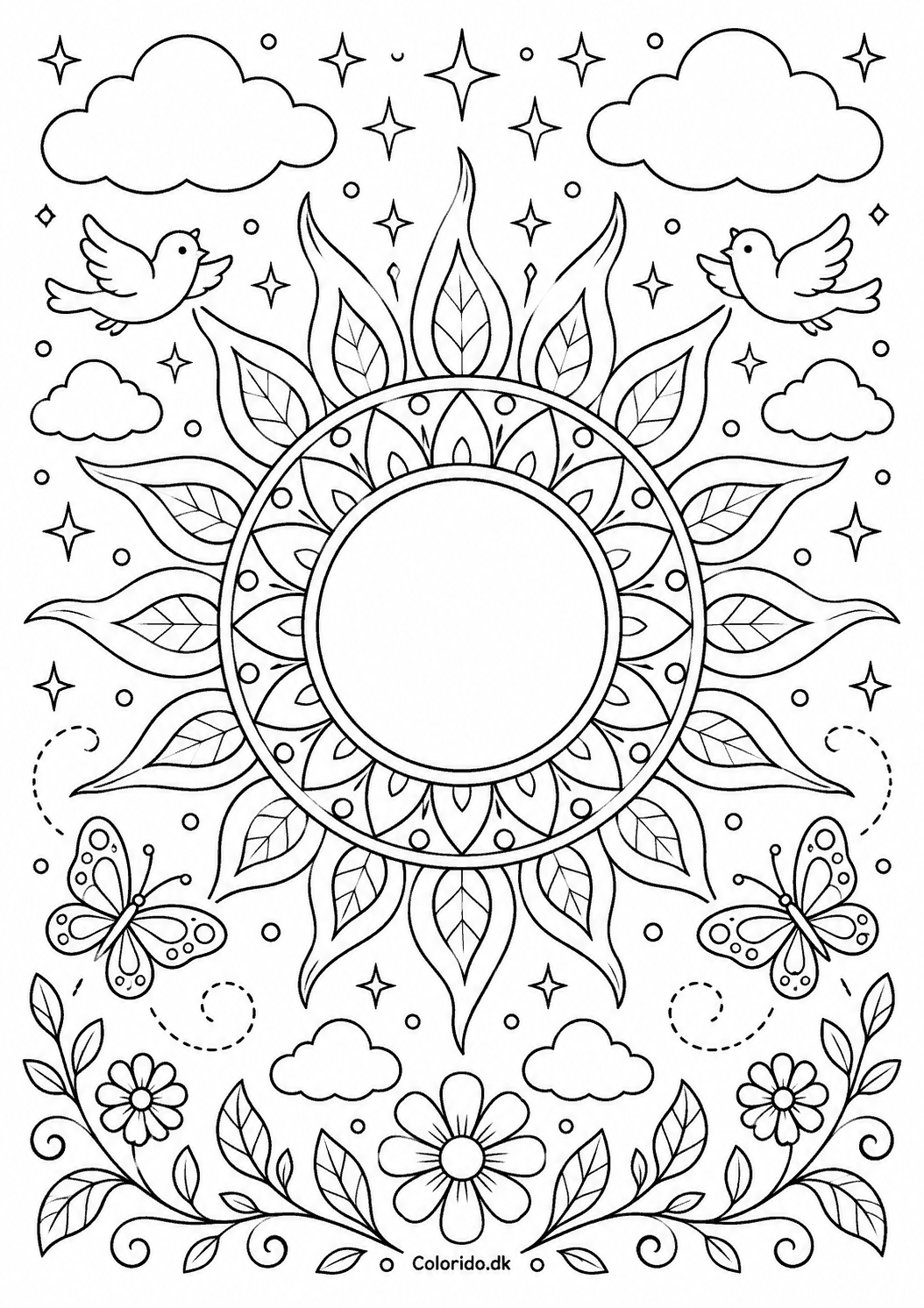 Solmandala med blade og blomster til farvelægning