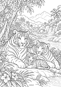 Tigerfamilie ved floden – farvelægning til 7-årige