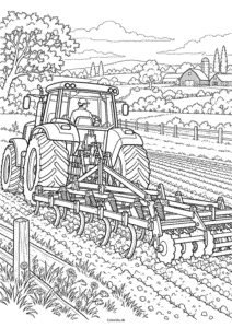 Traktor med landbrugsmaskine på marken – gratis tegning