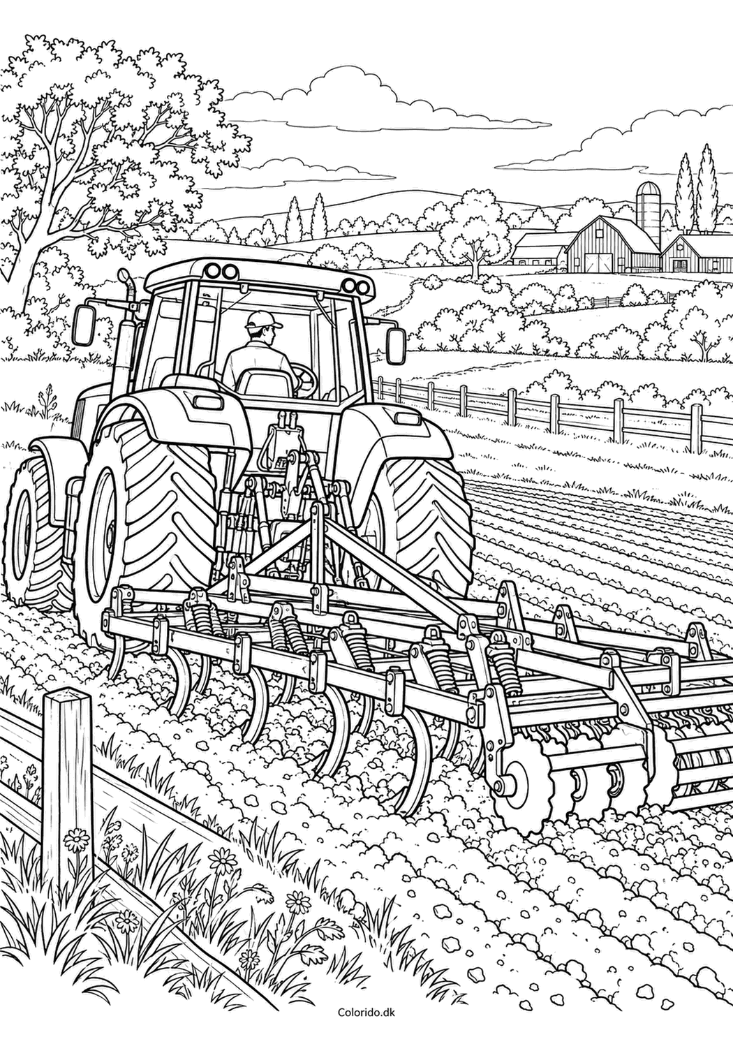 Traktor med landbrugsmaskine på marken – gratis tegning