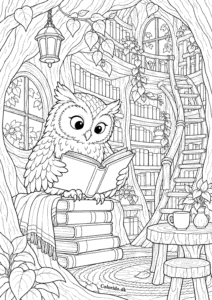 Ugle i bibliotekstræet – tegning til print