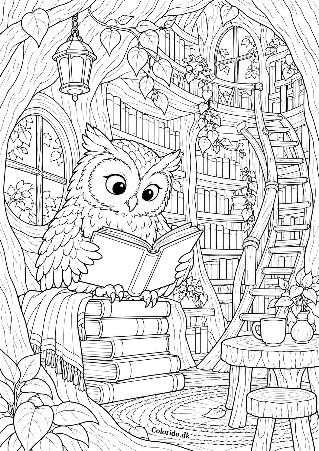 Ugle i bibliotekstræet – tegning til print
