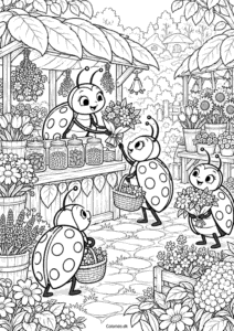 Mariehøne på blomstermarked – gratis tegning